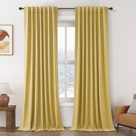 Gold Linen Blackout Curtains 102 Inches Long Loop Pocket Rod Pocket Flax Linen Thermal Insulated Sound Absorbing Sun Block Out 2 Panels Set for Nursery Rustic Farmhouse Curtains Drapes 52x102