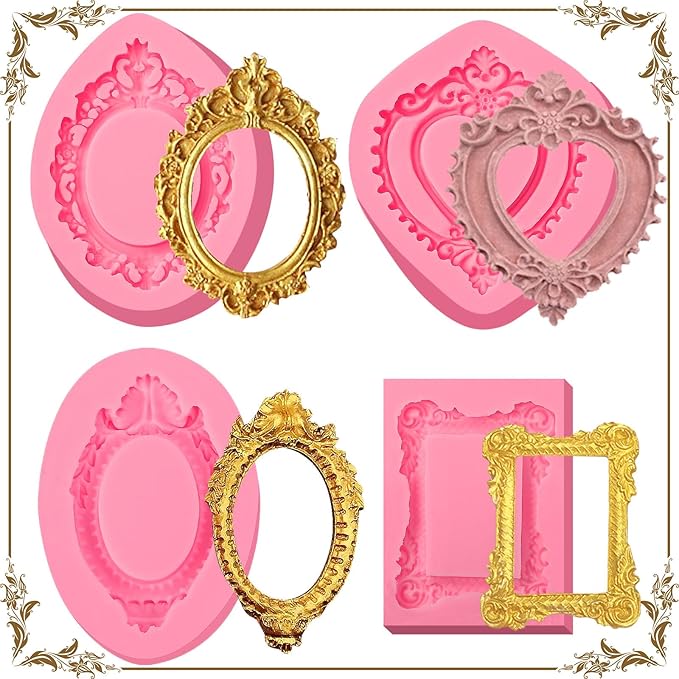 Baroque Frame Silicone Molds 4 Pcs, Chocolate Fondant Mold for Cake Decoration, Clay Resin Mold, Home Baking Home Decoration, Candy, Sugar Craft, Flower Paste, Mousse
