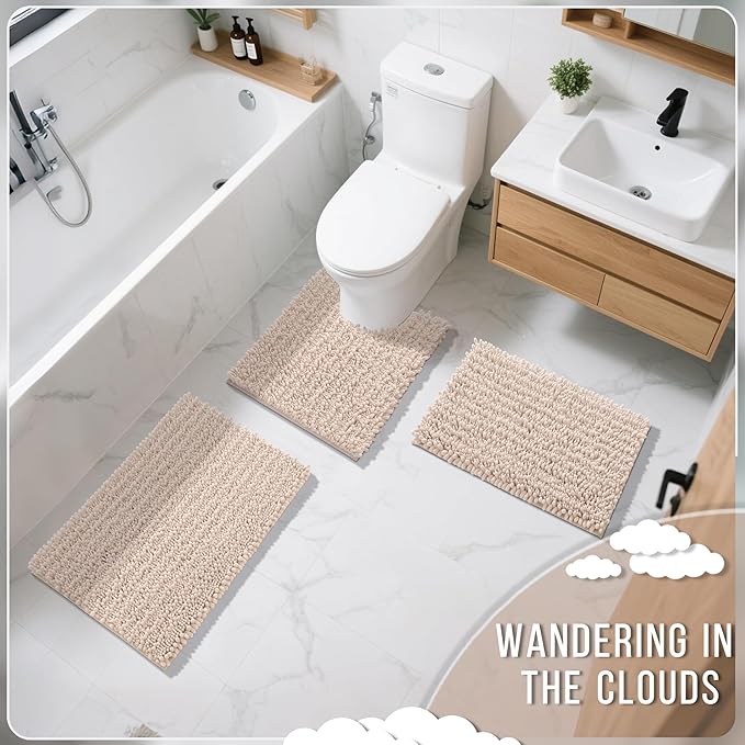 Yimobra Bathroom Rugs Non Slip Washable 24x17 Inch - Ultra Soft Absorbent Chenille Bath Mat, Quick Dry Shaggy Floor Carpet for Tub Shower, Pinkish Beige Home Decor Accessories