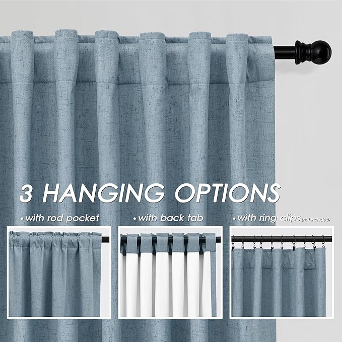Nanspring Blue Linen 100% Blackout Curtains 144 inch Length Back Tab Rod Pocket DrapesThermal Insulated Textured Living Room Blackout Curtains 2 Panels Set 52x144