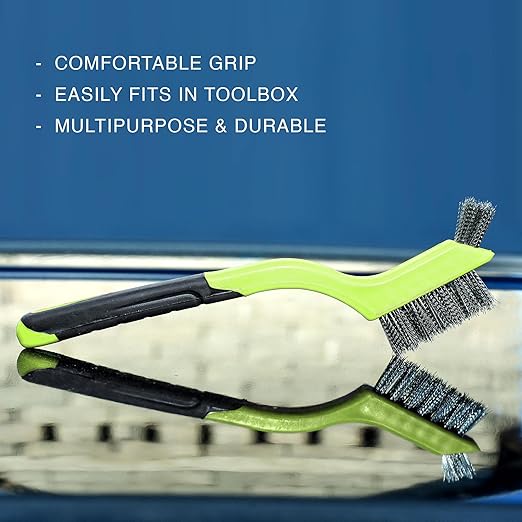 Lavaxon Wire Brush Set 3Pcs - Nylon/Brass/Stainless Steel Bristles with Curved Handle Grip for Rust, Dirt & Paint Scrubbing with Deep Cleaning – 7 Inches (Green)
