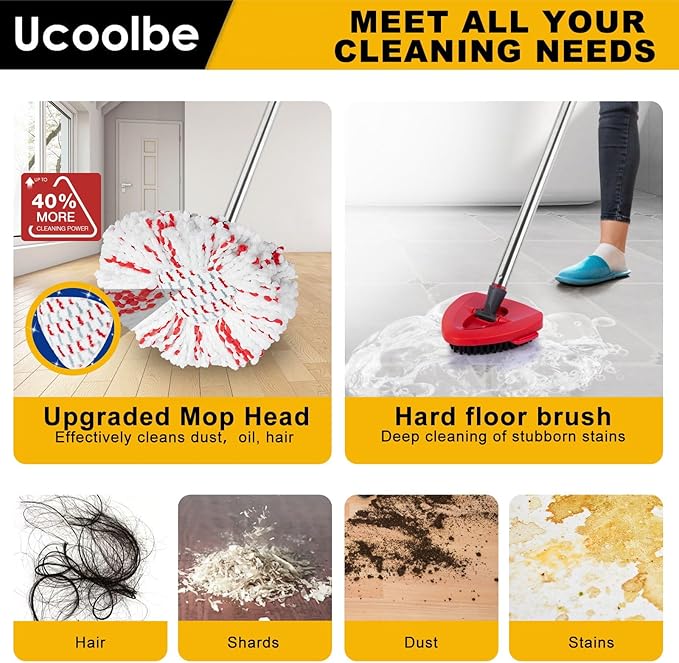 Spin Mop Replace Head for O Cedar 1 Tank EasyWring, 40% More Cleaning Power, Upgraded Scrub Brush Replacement Head for Ocedar, Include 4 Microfiber Mop Refills, 1 Brush,1 mop Stick,1 Base
