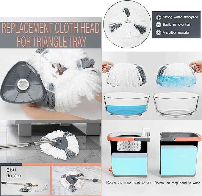 HOLJUS Spin Mop and Detachable Bucket Set with 5 Reusable Microfiber mop Head Dual-Chamber Water System Spining Mop Floor Cleaning Kit for Hardwood Tile Laminate Floors (Gray)