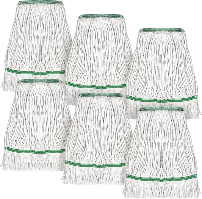 BOHUIZ 20oz Commercial Mop Head Replacement, 6 Pack Heavy Duty Industrial Cotton Loop-End String Wet Mop Head Refills for Home Garage Office Kitchen Industrial Floor Cleaning (White, Green)