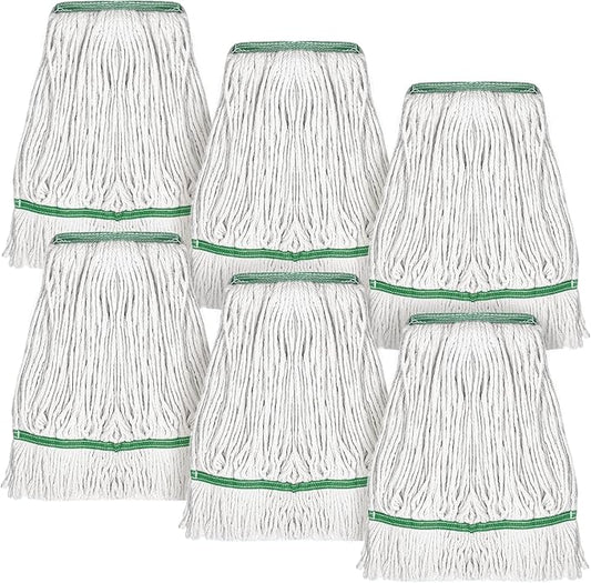 BOHUIZ 20oz Commercial Mop Head Replacement, 6 Pack Heavy Duty Industrial Cotton Loop-End String Wet Mop Head Refills for Home Garage Office Kitchen Industrial Floor Cleaning (White, Green)