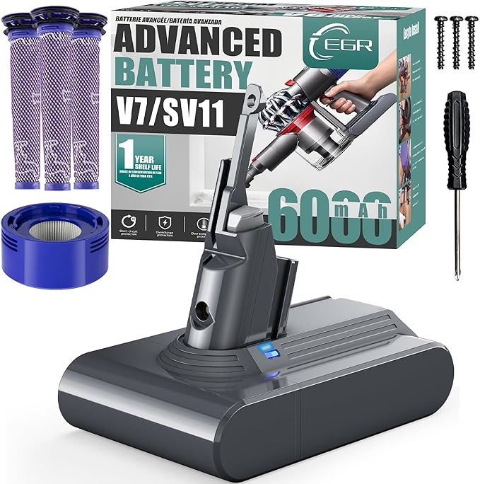 EGR Advanced 6000mAh V7 Animal Battery Replacement Compatible with Dyson SV11 V7 Motorhead/Animal/Trigger V7 HEPA V7 Car+Boat V7 Absolute Handheld Vacuum Cleaners (Not Fit V6, V8, V10)
