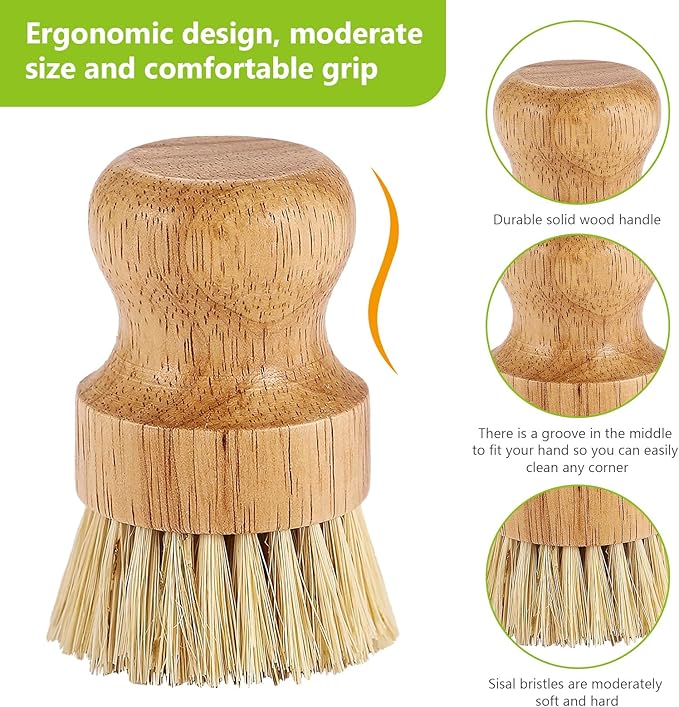 Natural Wooden Dish Brush，Kitchen Bamboo Scrub Brush for Dishes，2 Pack (Style-B, Small)