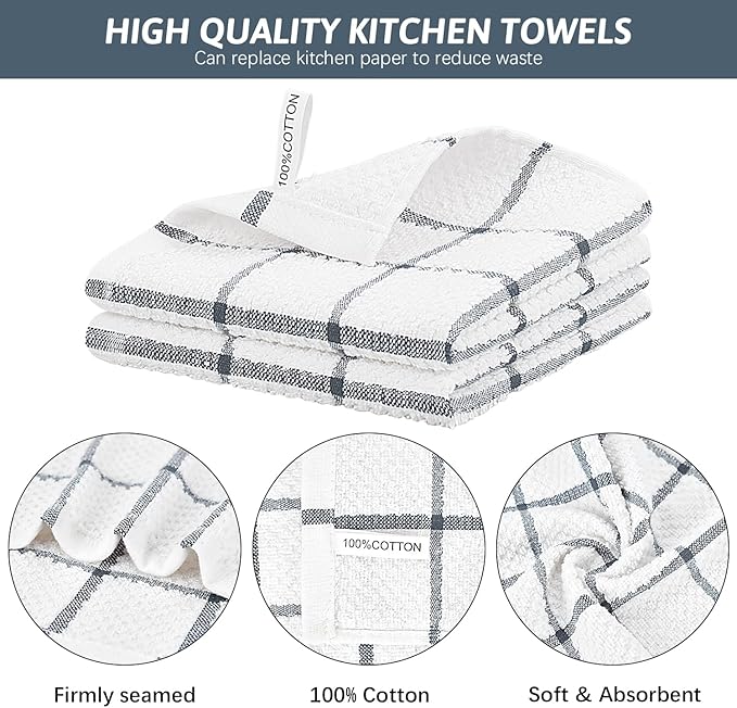 Nialnant 4PCS Cleaning Rags,100% Cotton Terry Dish Rags for Washing Dishes,Quick Drying Dish Cloths,Dish Towels for Kitchen,Grey Plaid-12x12in