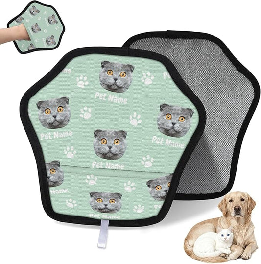 Personalized Pet Hair Remover Glove for Dogs & Cats - Custom Photo & Name Magic Brush for Dog Cat Hair Removal, Reusable Electrostatic Pet Hair Gloves for Furniture Carpet Couch, Face Paw Green