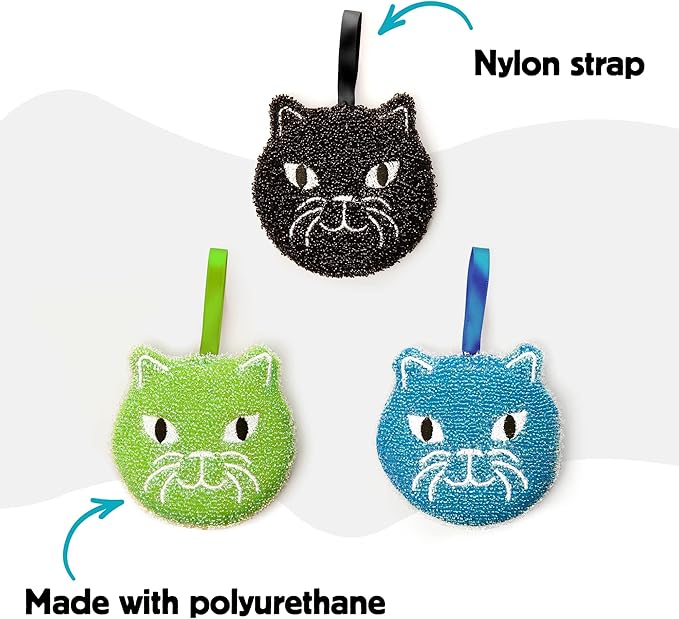 Kikkerland Reusable Cat Scrub Sponge – Cleaning Supplies for Kitchen, Home Essentials – Fun Gifts for Kids & Adults – Set of 3