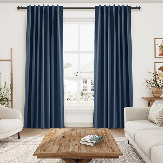 Nanspring Denim Blue Linen Blackout Curtains 84 Inches Long Loop Pocket Rod Pocket Flax Linen Sound Proof Total Blackout 2 Panels Set for Living Room Boho Farmhouse Curtains Drapes 52x84