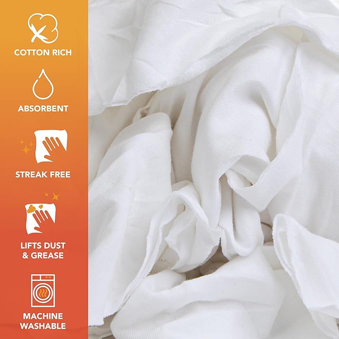 Arkwright W43 Cotton Tshirt Rags - 10 lb Bag - Soft Lint Free Cloths for Cleaning, Streak & Scratch-Free, Professional Grade Wiping Towels for Polishing, Painting, and Staining, White
