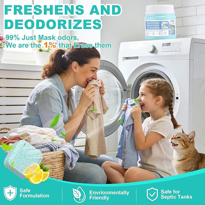 edoia Washing Machine Cleaner Tablets, 30 Pack Deep Cleaning Pods for Front ＆ Top Loader, Natural Formulared for Pet Owners, Heavy Duty, Septic Safe, Over 12 Month Supply, 15G, Blue