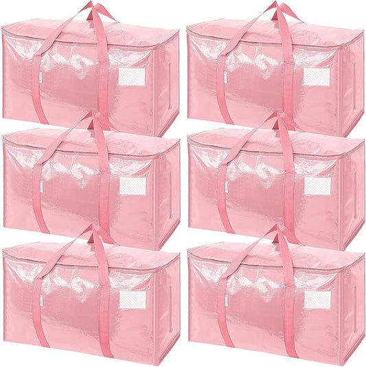 TICONN 6 Pack Extra Large Moving Bags with Zippers & Carrying Handles, Heavy-Duty Storage Tote Moving Boxes for Space Saving (6 Pack, Coral)