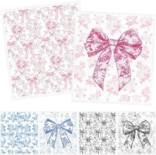 Bow Swedish Dishcloths for Kitchen - 6PCS Pink Blue Black Bowknot Swedish Cloths for Washing Dishes, Ribbon Cotton Reusable Dish Towels, Washable Cleaning Sponge Gifts Quick Drying