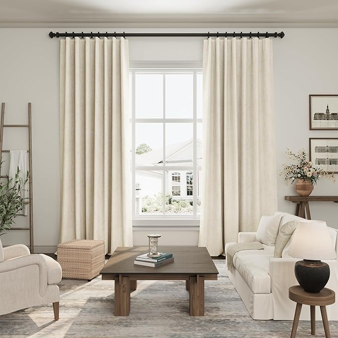 Beige Blackout Linen Curtains 100 Inches Long 2 Panels for Bedroom Back Tab Pinch Pleated Thermal Insulated Black Out Curtains Boho Farmhouse Drop Cloth Room Darkening Curtain Taupe Tan