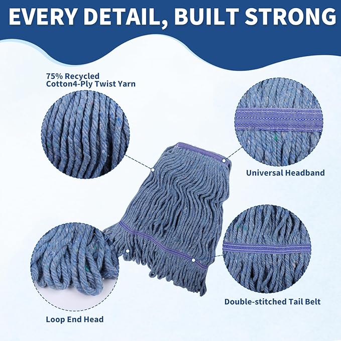 SLNNROA Blue Commercial Mop Head Replacement , Heavy-Duty Reusable and Washable Loop End Mops for Industrial Floor Cleaning on Hardwood and Concrete (4 Pack)