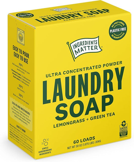 Ingredients Matter Powder Laundry Soap - Lemongrass Scent, Hypoallergenic Detergent, Natural & Eco-Friendly, Plastic Free, Made in USA, Natural Essential Oils & Dermatologist Tested - 30 oz, 60 Loads