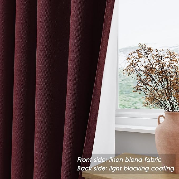 Nanspring Burgundy Linen Blackout Curtains 84 Inches Long Back Tab Rod Pocket Cooling Noise Reducing Thermal Insulated 100% Blackout 2 Panels Set for Bedroom Elegant Modern Curtains Drapes 52x84