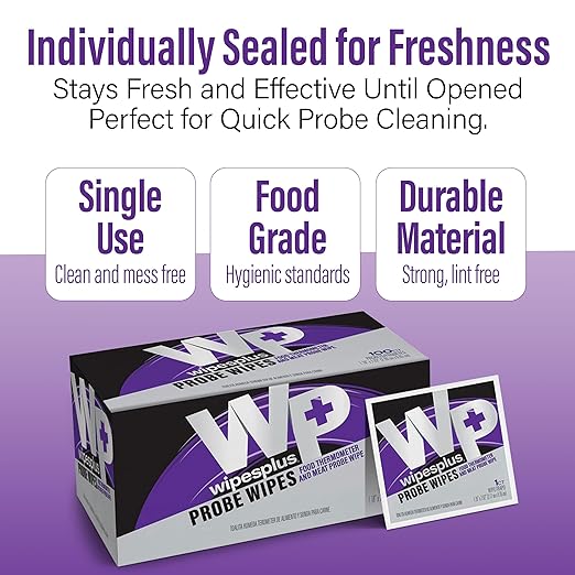 WIPESPLUS Probe Wipes Food Thermometer Wipes, Meat Probe Wipes with Individual Sachets for Home and Business, 1000 Count, (10 Packs of 100 Sachets)