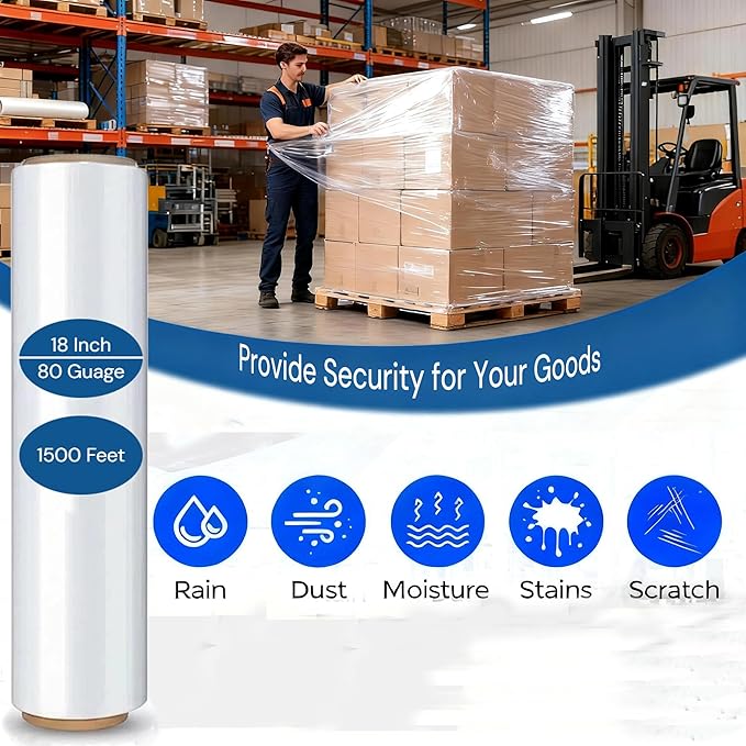 Stretch Wrap for Home & Office: 80 Gauge Heavy Duty Plastic Pallet Wrap, 18" x 1500 Ft for Securing Boxes, Moving, Packing Parcels & Furniture Protection (1 Roll)