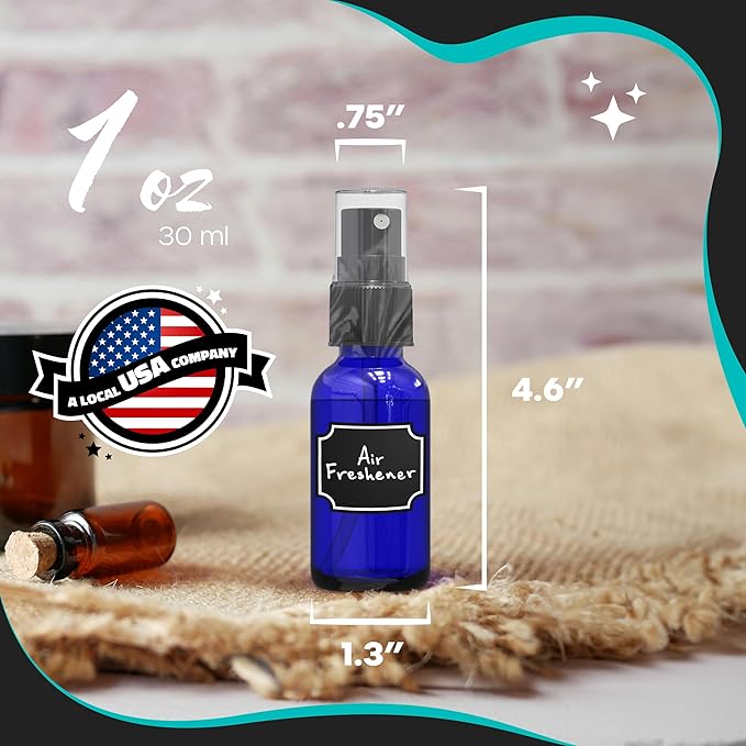 Nevlers 1 Oz Cobalt Blue Glass Spray Bottles Mist Sprayer 24 Pack | Small Spray Bottle Set w/Shrink Wrap, Funnel, Brush, Marker, & Labels | Misting Bottle Sprayer for Home | Travel Spritzer Bottles