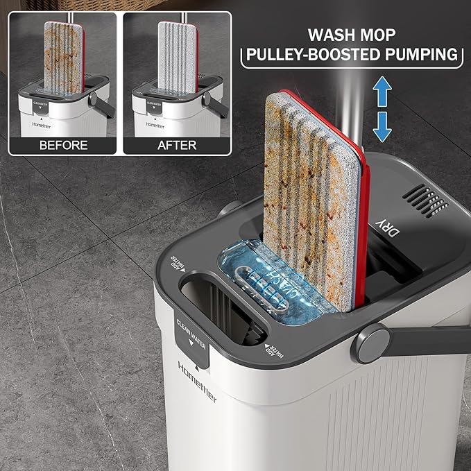 Mop and Bucket Set, Flat Mop and Bucket System with Separate Dirty and Clean Water, 3-Compartment Wall Cleaner Mop, Flat Mops for Floor Cleaning with 6 Microfiber Pads