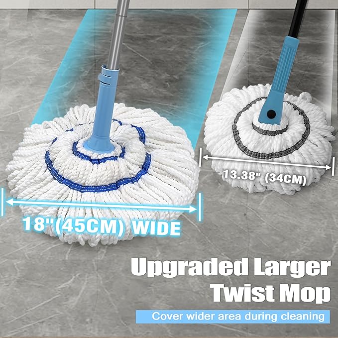 NEWE Self Wringing Twist Mop for Floor Cleaning, Upgraded 18-inch Wide Microfiber Mops, 55 Inches Long Handle Wet Dry Kitchen Easy Squeeze String Mop for Wood, Hardwood, Tile, Marble (Blue)