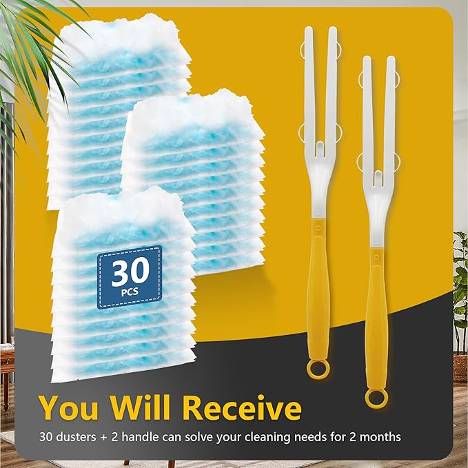 30 Count Duster Refill Compatible with Dusters Handle 180° Multi-Surface Duster Replacement Electrostatic Dust Removal Kit for Cleaning Electronics Blinds Furniture Car Ceiling Fan Cleaner