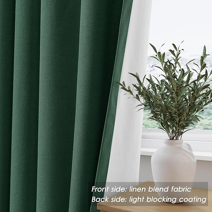 Green Linen 100% Black Out Curtains 108 Inches Long 2 Panels Set for Bedroom Boho Farmhouse Back Tab Thermal Insulated Energy Efficient Room Darkening Curtains Living Room High Ceiling Length 9 FT