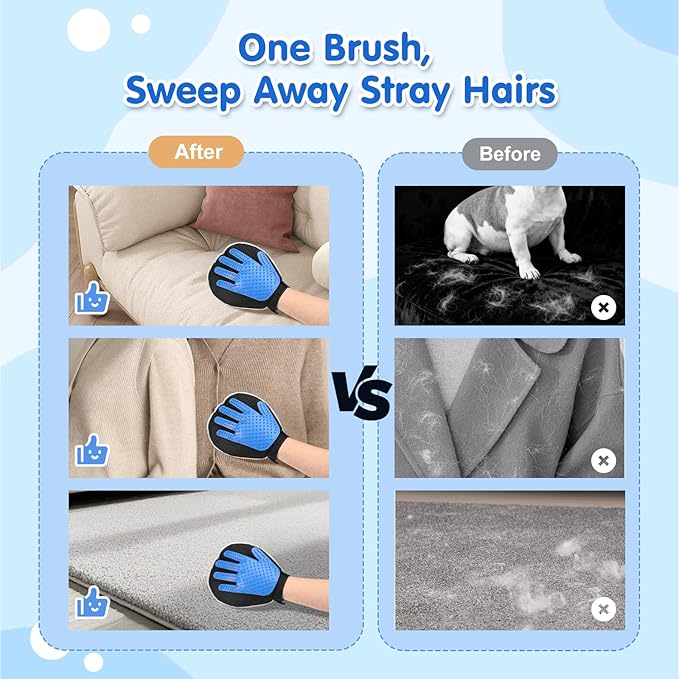 Pawaboo 2 Pack Pet Hair Removal Gloves, Dual-Side Electrostatic Hair Removal & Silicone Fur Brush for Dogs and Cats, Reusable Five-Finger Pet Fur Grooming Glove for Couch Carpet Clothes, Blue & Grey