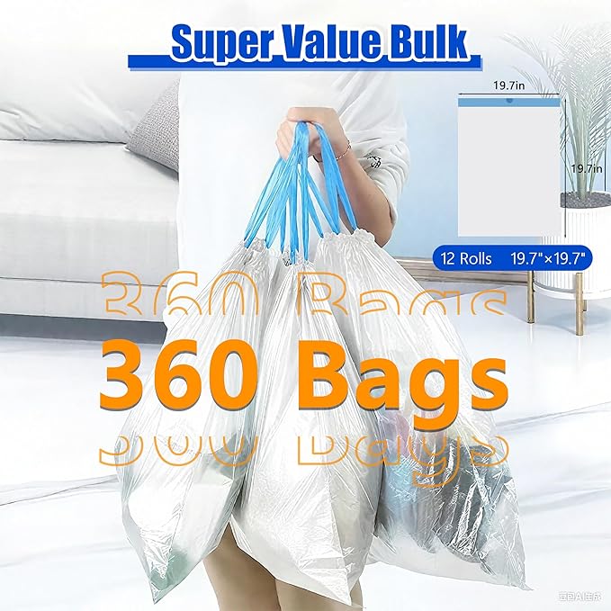 5 Gallon Trash Bags, 360 Count -1.2 Mil Drawstring Small Garbage Bags, White Plastic Trash Can Liners for Bathroom Accessories, 18 Liter, Bedroom, Dorm Room Essentials, Office