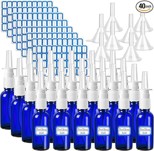 40 Pcs Nasal Spray Bottles, 30ML/1oz Blue Glass Refillable Fine Mist Empty Nasal Spray Bottle with 8 Pcs Funnels and 8 Pcs Labels…