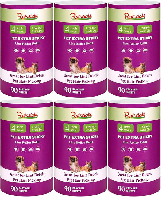4 inch Lint Roller Refills Only Compatible with Scotch-Brite Pet Hair Pickup Extra Sticky Lint Roller for Couches Clothes and More 90 Sheets per Refill 6 Pack 540 Easy-Tear Adhesive Sheets Total