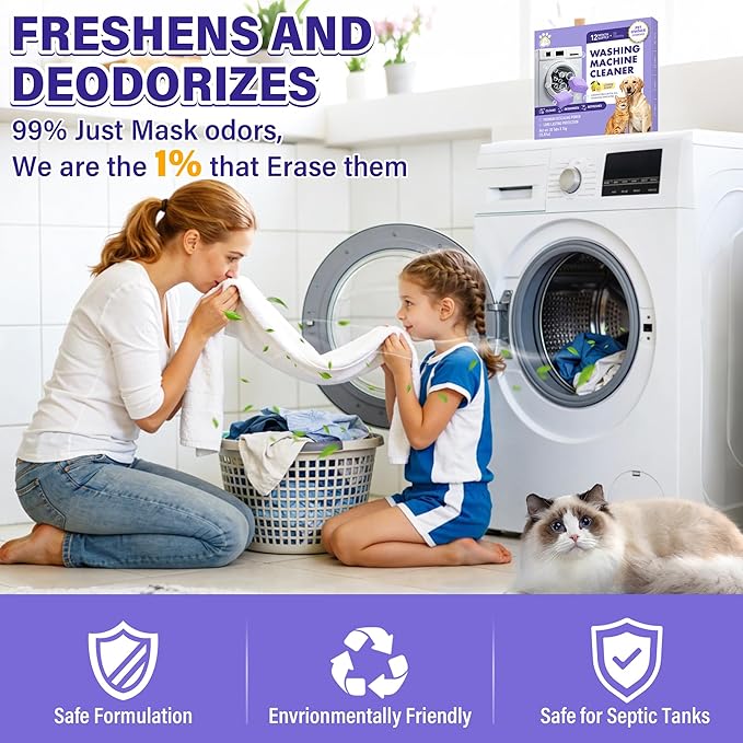 edoia 30 Pack Washing Machine Cleaner Tablets, Deep Cleaning for HE, Front＆Top Loader Washer, Natural Fresh Formulared for Pet Owners, Heavy Duty, Septic Safe (Over 12 Month Supply), 15G, Purple