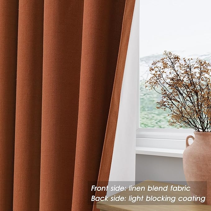 Nanspring Terracotta Linen 100% Blackout Curtains 95 inch Length Back Tab Rod Pocket Drapes Thermal Insulated Textured Living Room Black Out Curtains 2 Panels Set 52x95