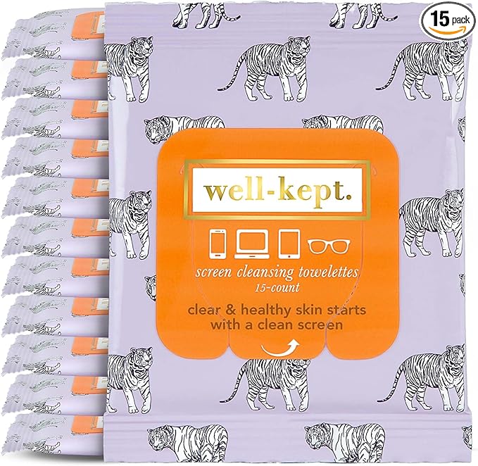 Well-Kept Tech & Lens Wipes - Eyeglass, Screen & Phone Cleaning, Multi-Surface, Lint-Free, Pre Moistened, Streak-Free & Non Scratching - Tiger Pose, 12 Pack (180 Count)