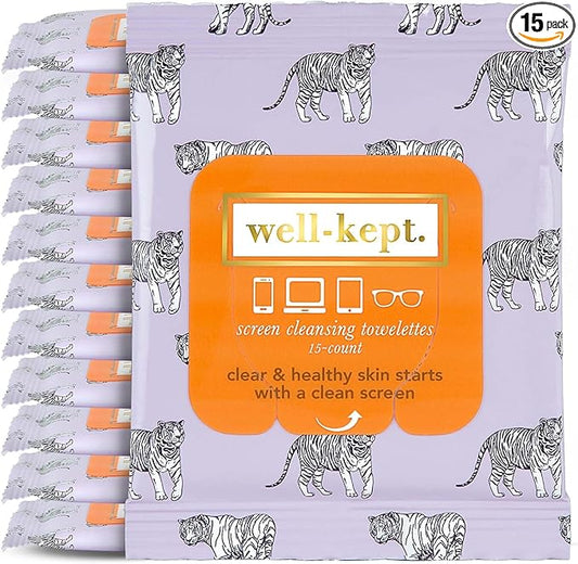 Well-Kept Tech & Lens Wipes - Eyeglass, Screen & Phone Cleaning, Multi-Surface, Lint-Free, Pre Moistened, Streak-Free & Non Scratching - Tiger Pose, 12 Pack (180 Count)