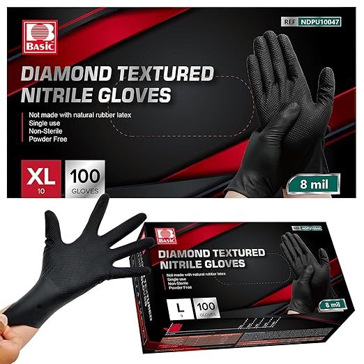Jointown Basic Heavy Duty Nitrile Gloves, Mechanic Gloves 8 Mil Nitrile Disposable, with Raised Diamond Texture, Case of 100, Black, Medium