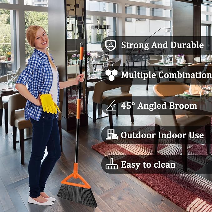 SZJYHQY 4 PCS Outdoor Indoor Broom, Brooms for Sweeeping Indoor, Heavy-Duty Kitchen Broom with Long Pole, Angle Broom Orange for Garages Restaurant Courtyard Office Slidewalk Lobby Sweep Dust