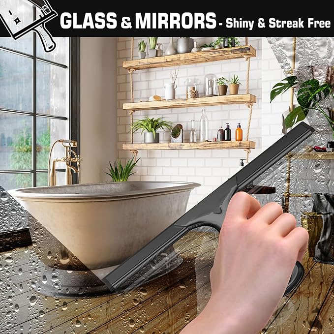 All-Purpose Stainless Steel Shower Squeegee for cGlass Door with 2 Adhesive Hooks, Bathroom Cleaner Tool Household Window Mirror Squeegee for Shower Glass, Car, Cleaning Tile Wall, 10 Inch Black