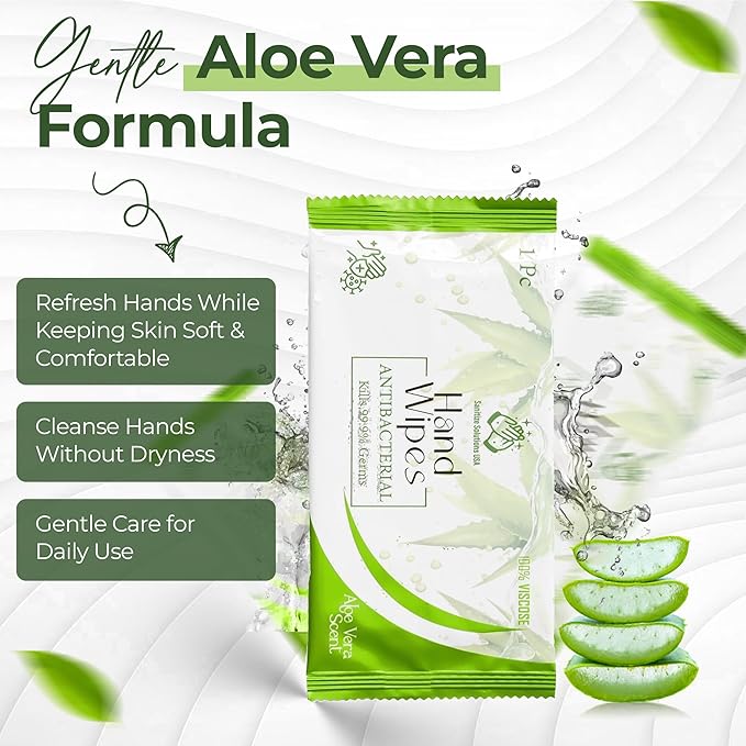 100 Individually Wrapped Hand Wipes – Aloe Vera Scent – 2 Convenient 50-Count Boxes | 100% Viscose, Eco-Friendly | Travel-Ready, Moisturizing