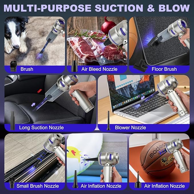 TianJQiS Handheld Car Vacuum Portable Cordless - 18000PA High Power with Brushless Motor, 4-in-1 Air Duster, Blower, Pump & Rechargeable Mini Vacuum for Car, Home, Office (Silver Grey+Blue)