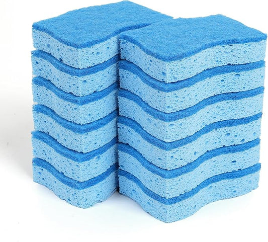 ELIVARA Kitchen Sponges – 12 Pack – Non-Scratch Dual-Sided Cellulose Scrub Sponges for Dishes, Pots, and Pans – Durable, Absorbent, and Reusable (Dark Blue/Light Blue)