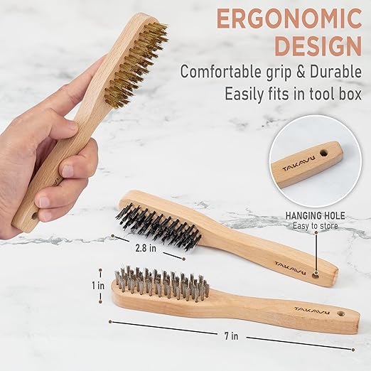 TAKAVU 3pc Small Wire Brush Set (Wood Handle) - Stainless Steel, Brass & Nylon Bristles for Cleaning Rust, Paint, Dirt & Heavy Duty Scrubbing