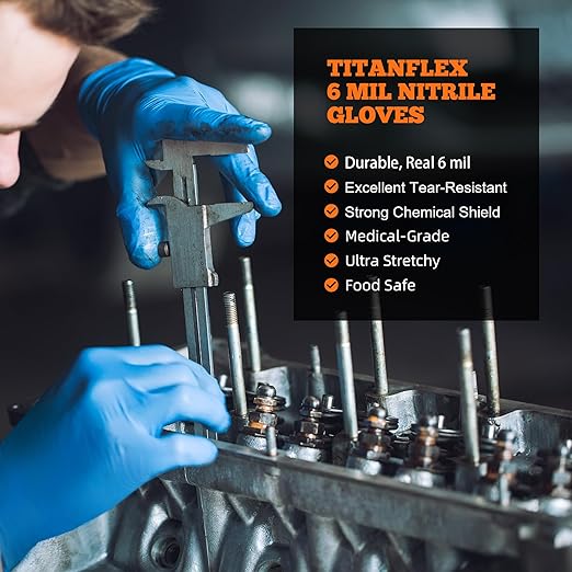 TitanFlex Nitrile Exam Gloves, Blue, 6-mil, Large, Box of 100, Heavy Duty Nitrile Gloves Disposable Latex Free, Powder Free, Medical Gloves, Cooking Gloves, Mechanic Gloves, Cleaning Gloves