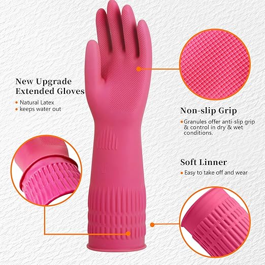 Rubber Gloves for Cleaning – 3 Pairs Reusable Gloves for Dishwashing, Kitchen and Household Tasks, 15-Inch Long, Non-Slip and Waterproof (Medium)