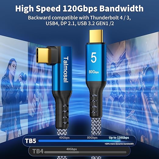 240W for Thunderbolt 5 Cable Right Angle 5 ft, 120Gbps Bandwidth, 80Gbps, Dual 8K, 4K 540Hz, Triple 4K 144Hz for iPhone 17, Thunderbolt 4, USB4, SSD, MacBook M4 Pro, Dock, eGPU, Mac mini M4 / M4 Pro