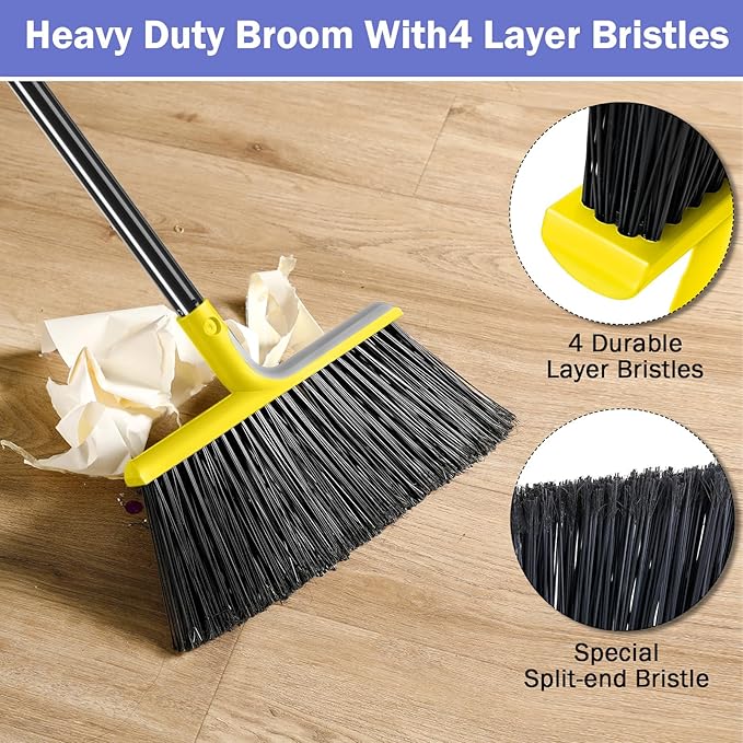 Roshtia 8 Pcs Heavy Duty Broom Set 58 Inch Outdoor Indoor Commercial Stiff Broom With Long Handle Angle Garage Concrete Outside for Sweeping Patio (Yellow)