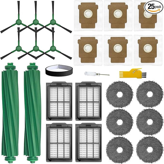 aoteng Replacement Parts for iRobot Roomba Plus 405 Combo / 505 Combo Robot Vacuum Cleaner 25 Packs 2 Main Brushes, 4 Filters, 6 Side Brushes, 6 Mop Cloths, 6 Bags, 1 Bumper Stripe